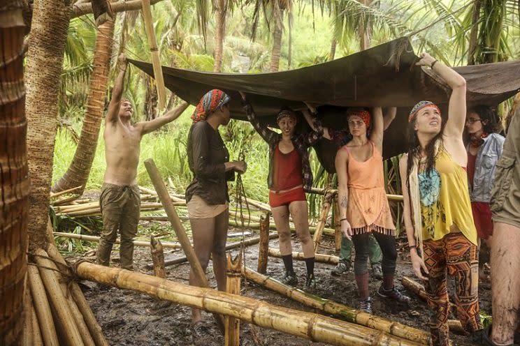 Justin Starrett, Michaela Bradshaw, Mari Takahashi, Jessica Figueroa, Michelle Schubert and the rest of the tribe try to stay dry on SURVIVOR: Millennials vs. Gen. X, when the Emmy Award-winning series returns for its 33rd season with a special 90-minute premiere, Wednesday, Sept. 21 (8:00-9:30 PM, ET/PT) on the CBS Television Network. Photo: Monty Brinton/CBS Entertainment Ã‚Â©2016 CBS Broadcasting, Inc. All Rights Reserved.