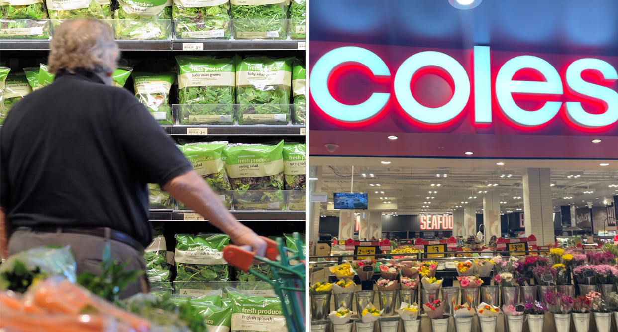 Left - A man browsing an aisle of salad wrapped in plastic. Right: The front of Coles at Bondi Junction 