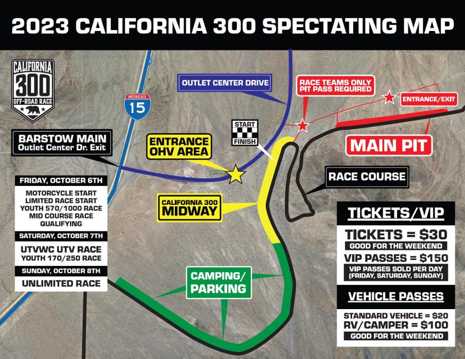 Visitor's map of the 2nd Annual California 300, which returns to Barstow in October with hundreds of race teams, including cars, trucks, utility terrain vehicles, and the introduction of motorcycles.