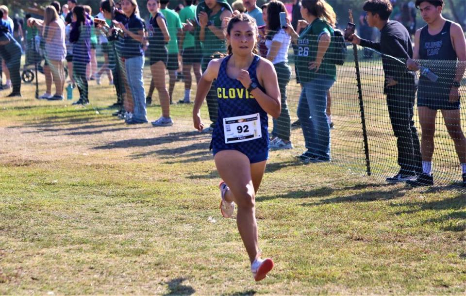 Clovis High senior Jaslin Arana placed second in the large school varsity girls race at the 20th Golden Eagle Invitational at Woodward Park in Fresno. Her time was 20:28.31.