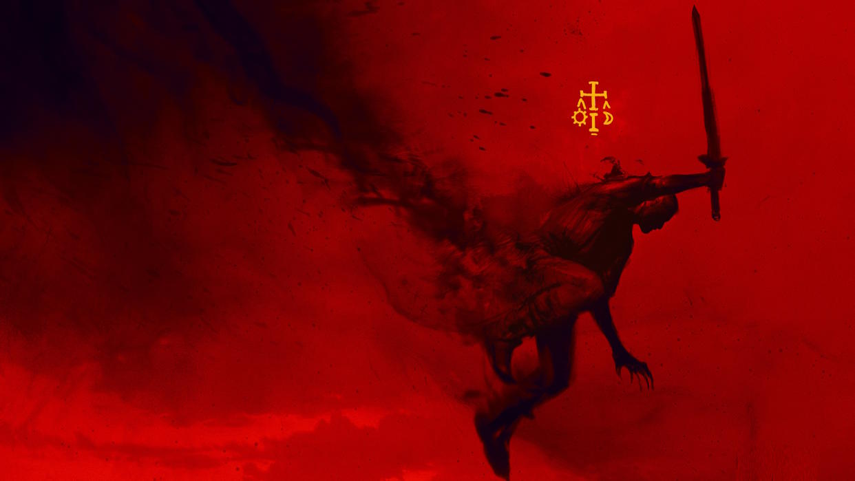  Dawnwalker concept art detail - man with sword leaping from sulphurous cloud over red background. 
