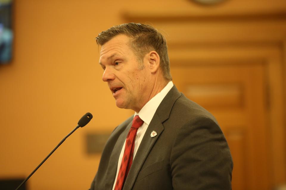 Kansas Attorney General Kris Kobach talks to senators about his office's budget request.