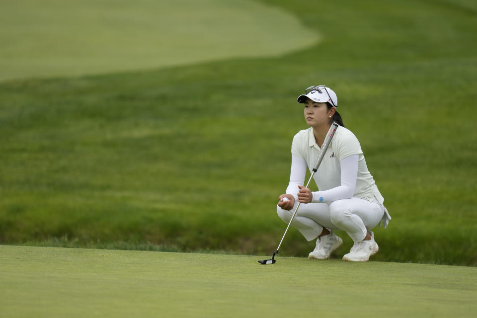 Rose Zhang looks over the 10th green during the first round of the LPGA Cognizant Founders Cup golf tournament, Thursday, May 9, 2024, in Clifton, N.J. (AP Photo/Seth Wenig)