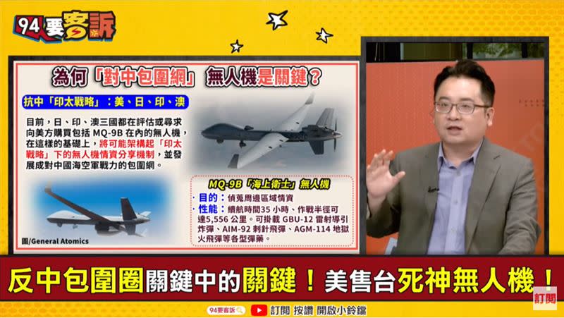 張宇韶在《94要客訴》解析MQ-9B海上衛士無人機在「對中包圍網」扮演的關鍵角色。