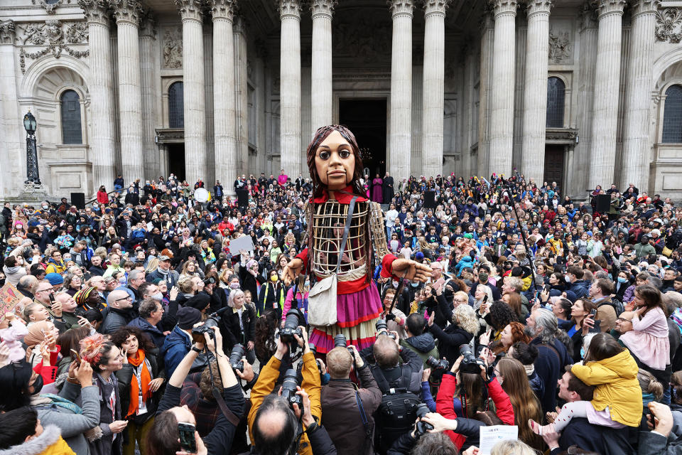 Little Amal at St. Paul's Cathedral in London on Oct. 23, 2021.