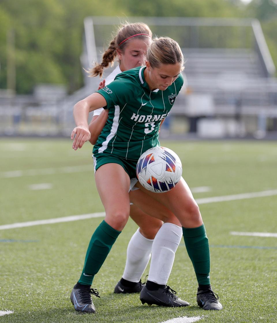 Williamston's Breyer Fenech controls the ball against Grosse Ile's Lila Pascuzzi, rear, Thursday, June 8, 2023, at Lansing Catholic High School.