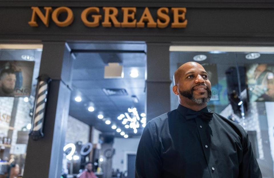 Edmund Washington, co-owner of No Grease franchise in Northlake Mall, stands outside the store March 13, 2024 in Charlotte, N.C. A year ago he planned to leave the mall, but has since seen revenue grow.