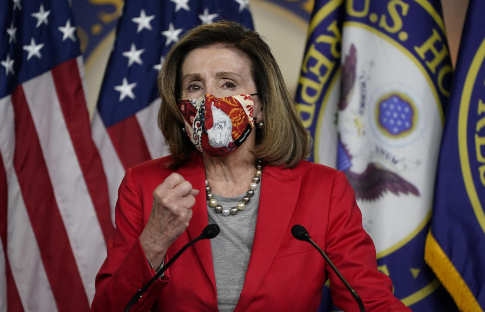 House Speaker Nancy Pelosi of Calif., speaks to the media, Wednesday Dec. 30, 2020, on Capitol Hill in Washington. (AP Photo/Jacquelyn Martin)