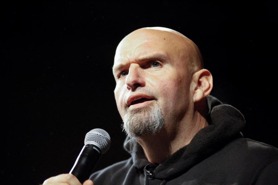 Fetterman speaks at a rally in Erie.