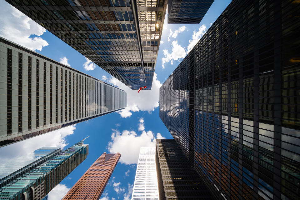 Business and finance concept, looking up at modern office building architecture in the financial district of Toronto, Ontario, Canada.