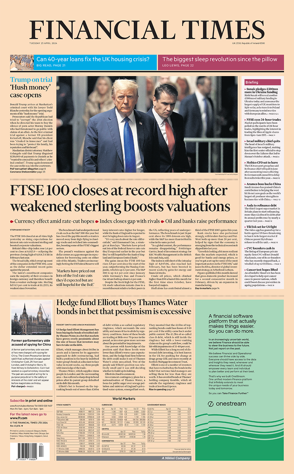 The headline in the Financial Times reads: "FTSE 100 closes at record high after weakened sterling boosts valuations".