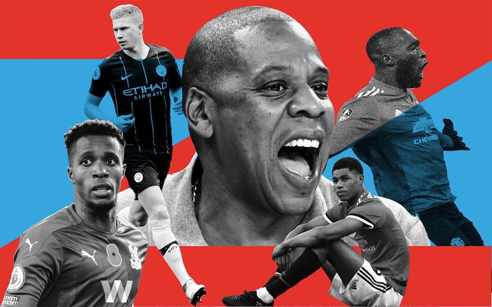 A composite image of Jay-Z and Roc Nation Sports clients Kevin De Bruyne, Wilfried Zaha, Romelu Lukaku and Marcus Rashford