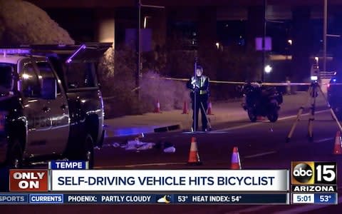 A still from footage showing the scene near Mill Avenue and Curry Road in Tempe, Arizona, where a self-driving Uber car involved in deadly crash early on Monday  - Credit: ABC15 Arizona