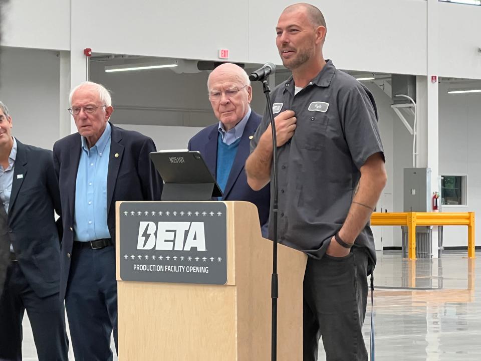 Kyle Clark, CEO of Beta Technologies addresses the audience at a ceremony for a new facility opening. Beta Technologies opens an electric aircraft production facility at the Patrick Leahy Burlington International Airport in South Burlington on Oct. 2, 2023.