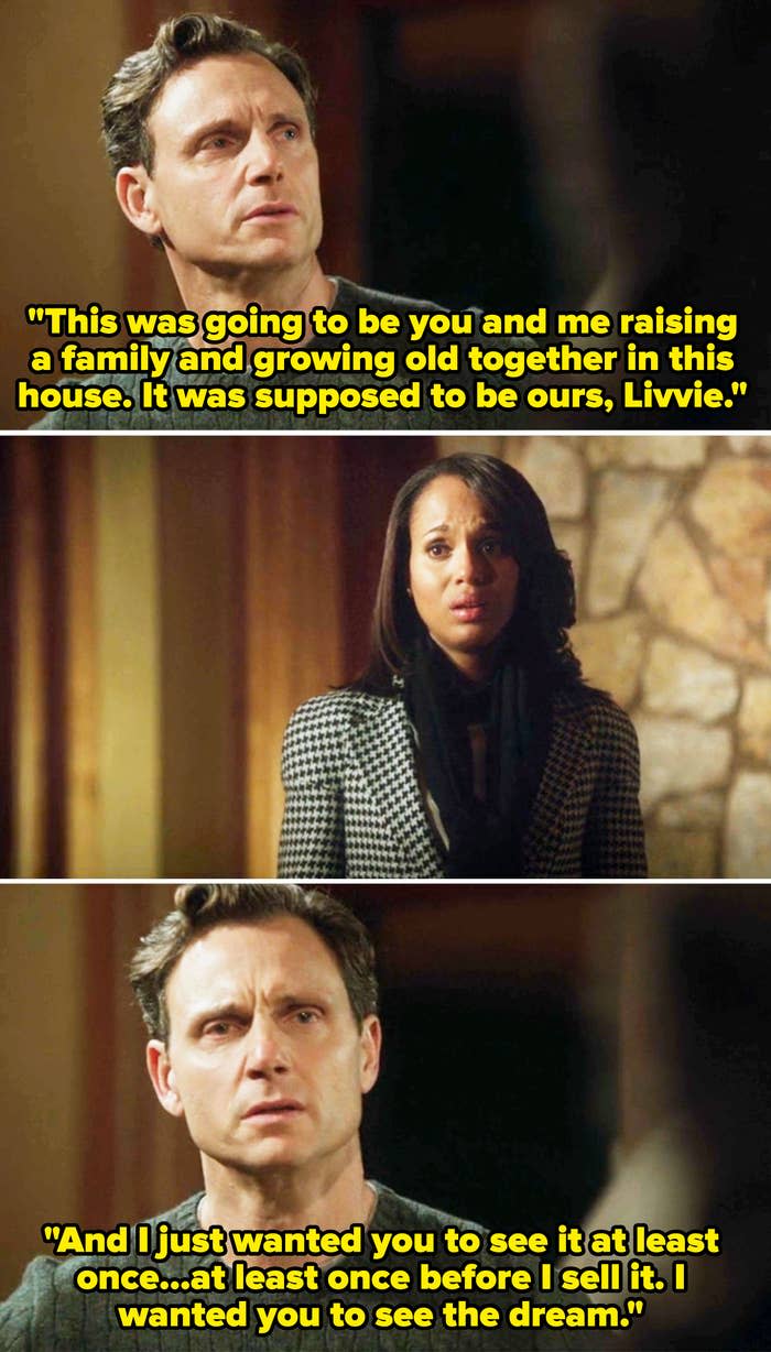 Tony Goldwyn and Kerry Washington are having a serious conversation indoors in these three consecutive frames. Tony wears a sweater, and Kerry wears a plaid jacket