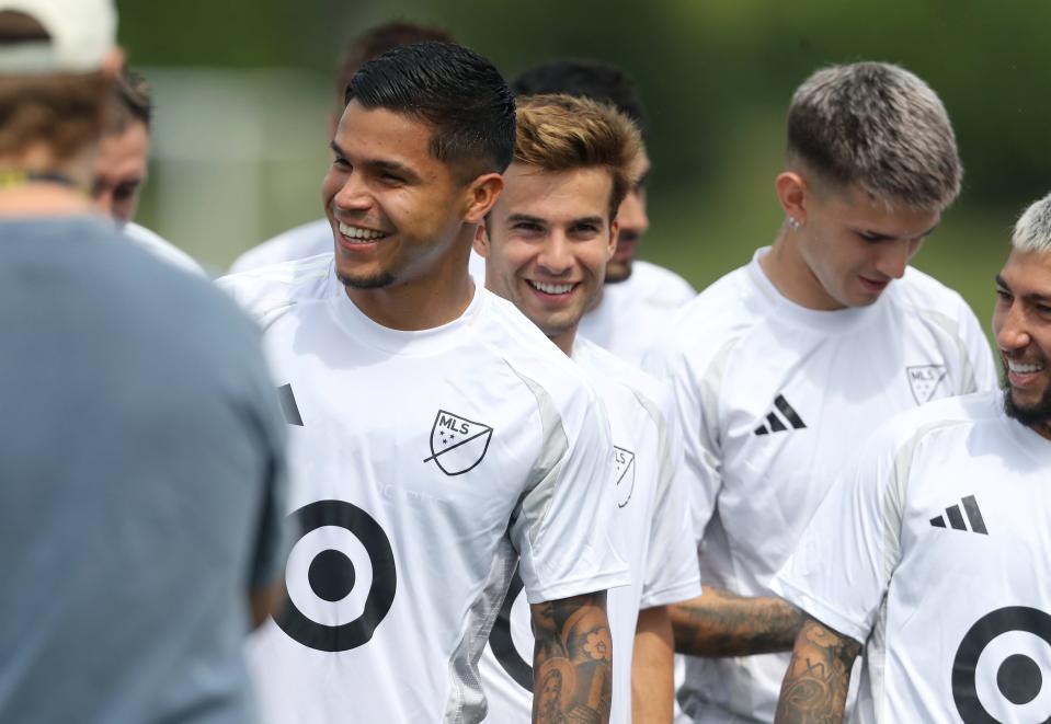 Jul 22, 2024; Columbus, Ohio, USA; Columbus Crew forward Cucho Hernandez (9) reacts to a teammate during MLS All Star training at OhioHealth Performance Center. Mandatory Credit: Joseph Maiorana-USA TODAY Sports