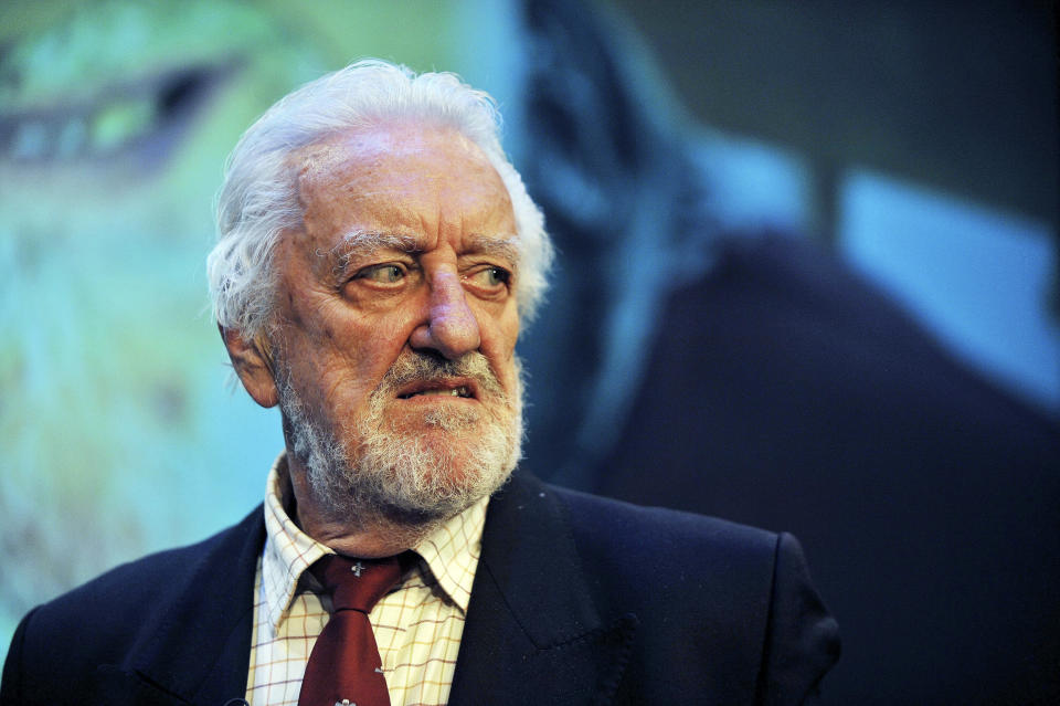 FILE - Actor and presenter Bernard Cribbins looks on after receiving the annual J M Barrie Award for a lifetime of unforgettable work for children on stage, film, television and record, at the Radio Theatre, Broadcasting House in central London, Nov. 13, 2014. Cribbins, a beloved British entertainer whose seven-decade career ranged from the bawdy “Carry On” comedies to children’s television and “Doctor Who,” has died. He was 93. Agent Gavin Barker Associates announced Cribbins’ death on Thursday, July 28, 2022. (Nicholas T Ansell/PA via AP, File)