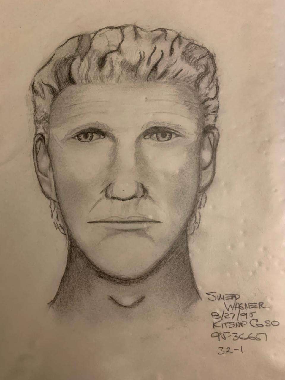 A sketch of the suspect drawn based on a witness's description as the last known person seen to be with Patricia Lorraine Barnes.