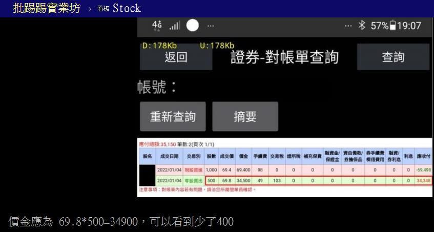 網友B賣出持股後，成交價金短缺400元。（圖／翻攝自PTT）