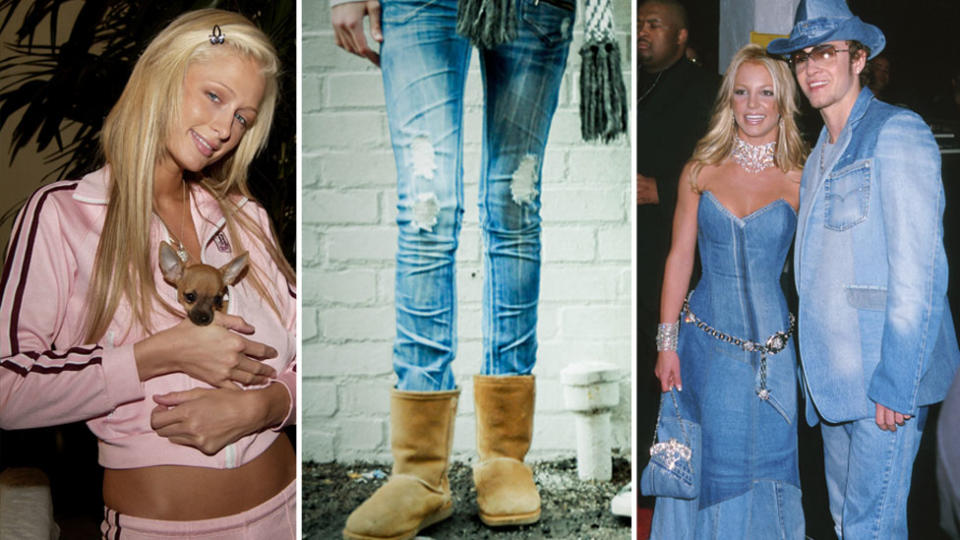 Paris Hilton poses with her dog (left), Ugg boots and jeans (middle) and Britney Spears and Justin Timberlake in triple denim (right).