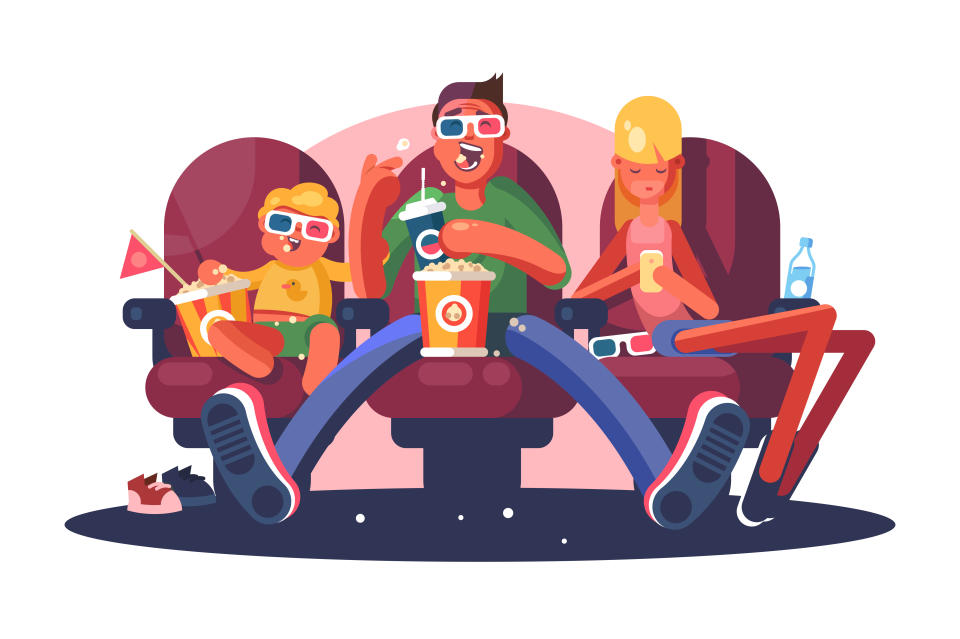 Family in cinema watching movie flat poster. Cartoon smiling man and boy in 3D glasses sitting with popcorn beverages and young woman using internet in modern smartphone vector illustration