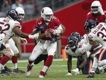 Sep 23, 2018; Green Bay, WI, USA; Arizona Cardinals quarterback Josh Rosen (3) is sacked by Chicago Bears defensive back Sherrick McManis (27) on the last play of the game during the fourth quarter at State Farm Stadium. Mandatory Credit: Rob Schumacher/The Arizona Republic via USA TODAY NETWORK