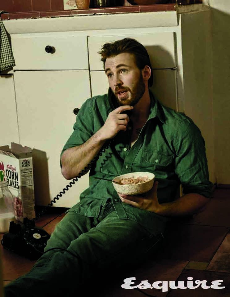 Chris Evans enjoys his Corn Flakes. (Photo: Mark Segal/Esquire)