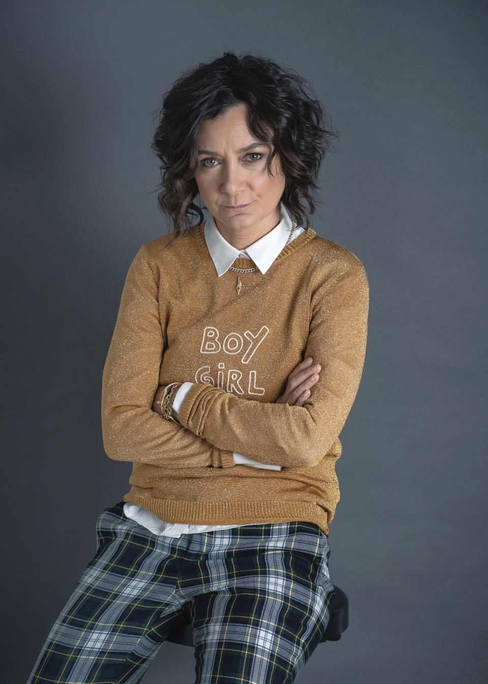 This Sept. 19, 2019 photo shows actress Sara Gilbert, star of the ABC comedy "The Conners," posing for a portrait in New York. Season two premiers Tuesday at 8 p.m. EST. (Photo by Christopher Smith/Invision/AP)