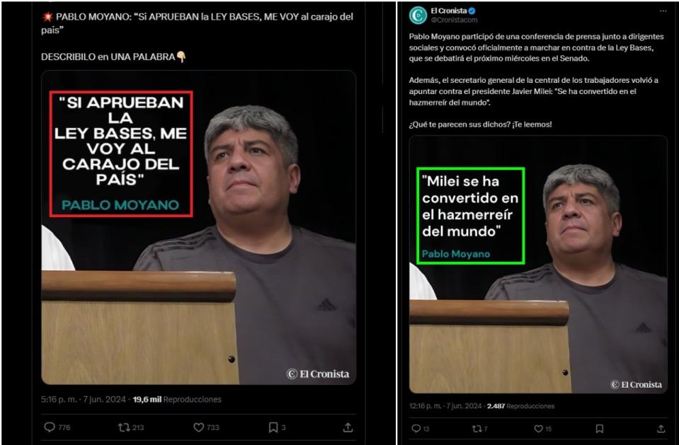 <span>Comparación entre capturas de pantalla de una publicación en X (I) y una gráfica de El Cronista en esa misma red social, hecha el 7 de junio de 2024 </span>