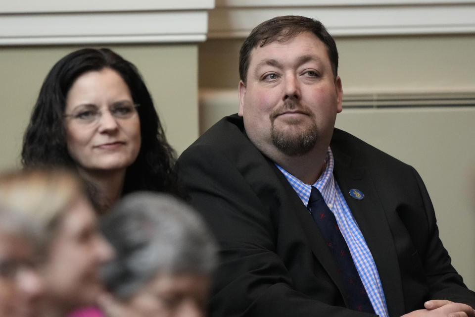 FILE - Maine's House Minority Leader Billy Bob Faulkingham, R-Winter Harbor, right, attends the State of the Budget address, Feb. 14, 2023, at the Statehouse in Augusta, Maine. Maine's top elected Republican official got a big scare during the remnants of Hurricane Lee when a giant wave overturned his lobster fishing boat at sea. The National Oceanic and Atmospheric Administration and U.S. Coast Guard warned mariners at noon on Friday, Sept. 15, that they needed to immediately begin making plans to avoid the storm. That’s around the same time the wave appeared, as Faulkingham was headed back home to Winter Harbor. (AP Photo/Robert F. Bukaty, File)