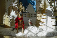 Depictions of Commander, left, and Willow, the Biden family's dog and cat, are part of decorations in the East Colonnade of the White House during a press preview of holiday decorations at the White House, Monday, Nov. 28, 2022, in Washington. (AP Photo/Patrick Semansky)