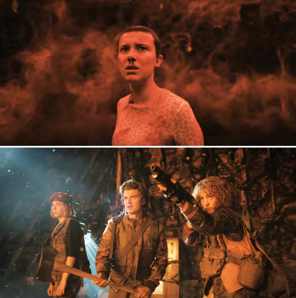 Above, Eleven's nose bleeds in an orange haze, below, a trio in a battle