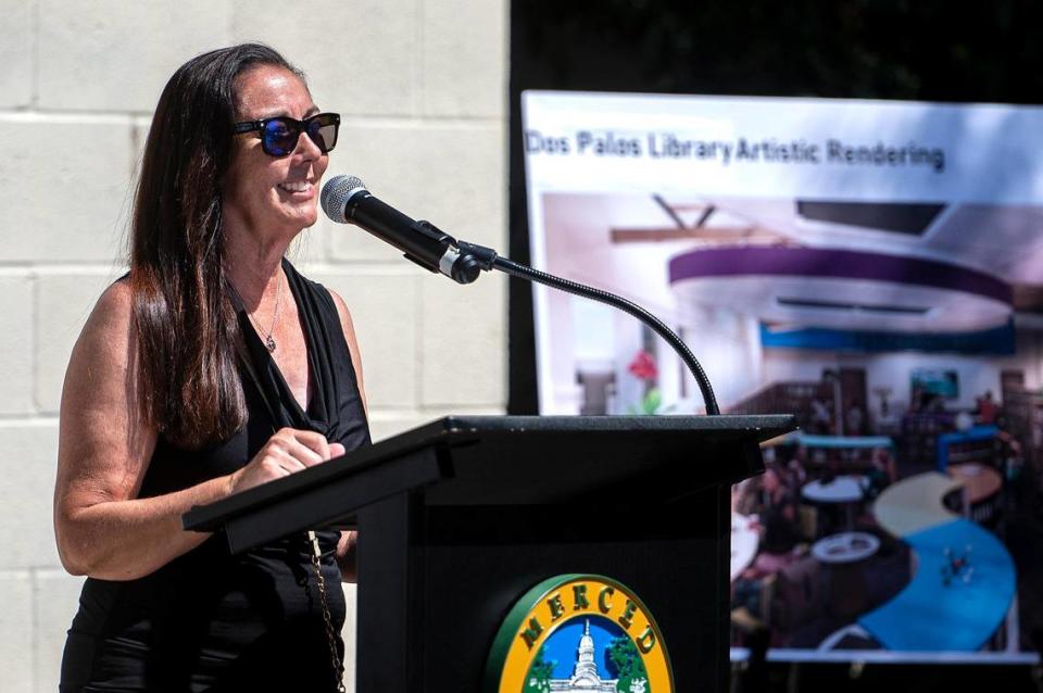 City of Dos Palos Mayor April Hogue speaks during a groundbreaking ceremony for a project that calls for renovations to Del Hale Hall and the relocation of the Dos Palos branch of the Merced County Library at O’Banion Park in Dos Palos, Calif., on Wednesday, Aug. 2, 2023.