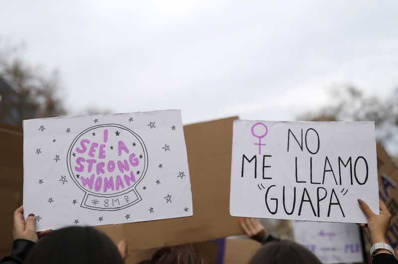 Women take part in a protest to mark the International Women's Day in Barcelona