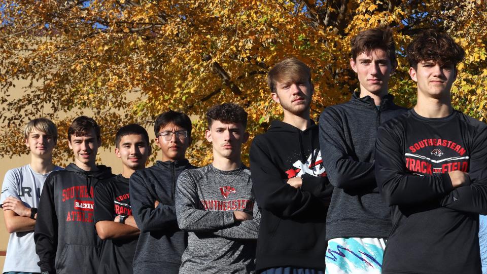 SCC men's cross country runners are, front to back, Brooks Julian, Ethan Shuagis, Ryan Kuhlman, Devin Taylor, Josiah Teller, Freddy Vergara, Kile Dowd and Mason Hills-Carrier Wednesday on the campus in West Burlington.