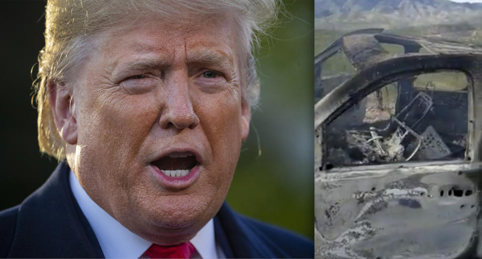 President Trump and the remains of a vehicle transporting a Mormon family living near the U.S.-Mexico border. (Photos: Patrick Semansky/AP, Kenneth Miller/Lafe Langford, Jr. via Reuters)