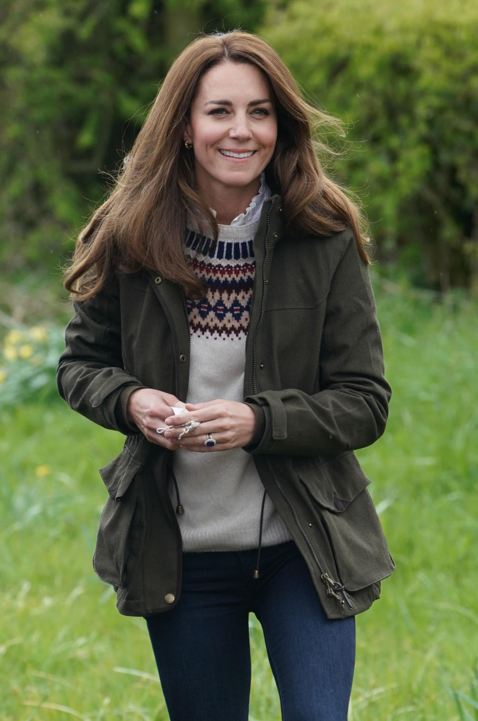 DARLINGTON, ENGLAND - APRIL 27:  Catherine, Duchess of Cambridge during a visit to Manor Farm in Little Stainton, Durham on April 27, 2021 in Darlington, England. (Photo by Owen Humphreys - WPA Pool/Getty Images)