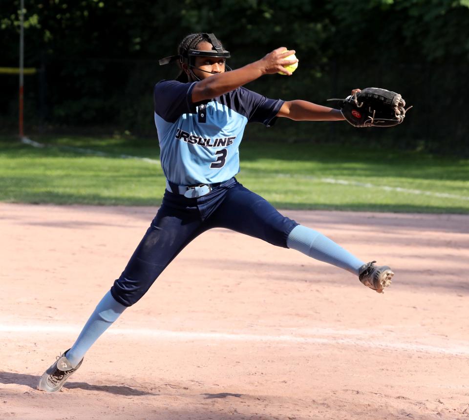 The Ursuline School pitcher Emily Duhaney delivers a pitch against Mamaroneck, during their softball game in Larchmont, May 20, 2021. 
