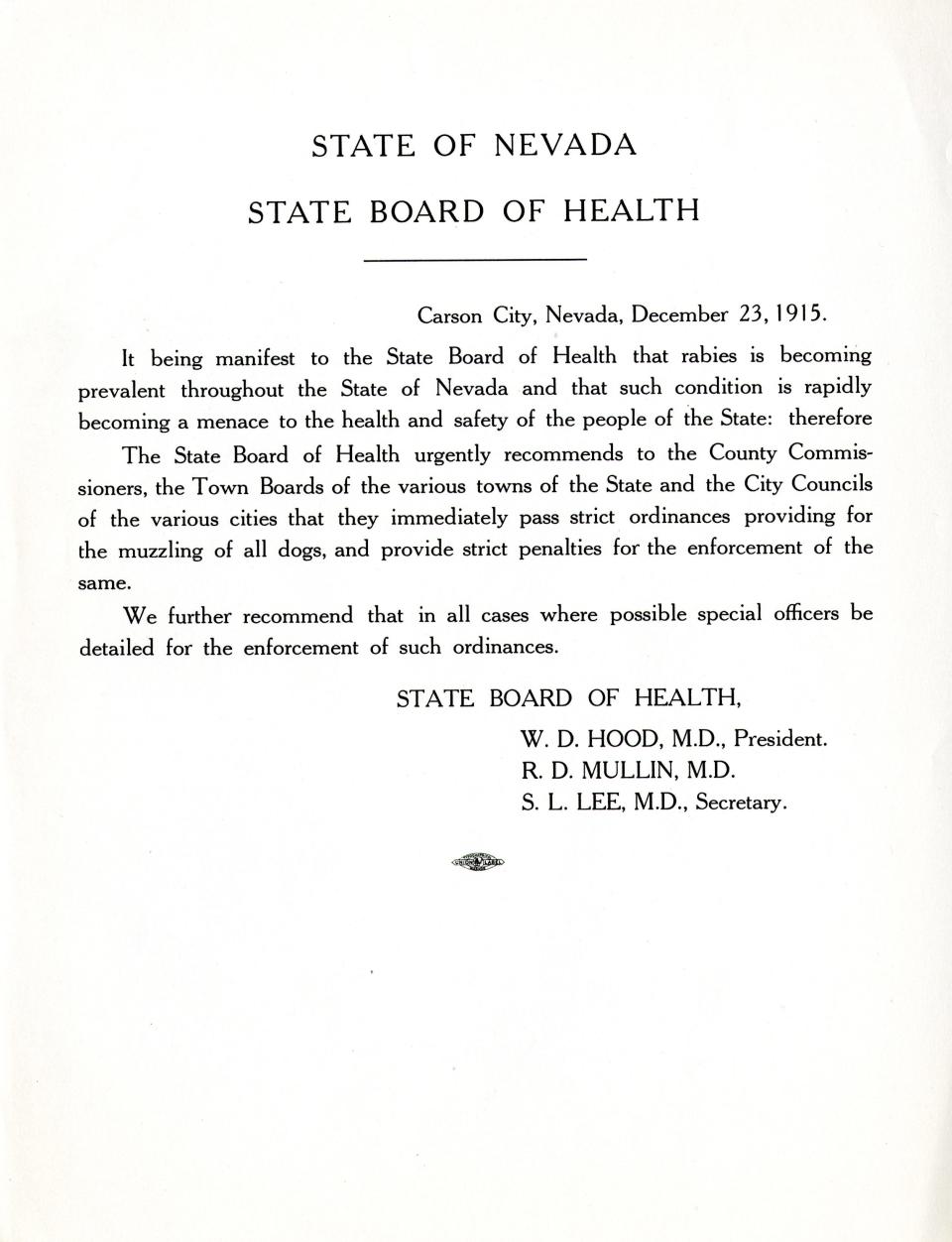 A 1915 statement from the Nevada Board of Health regarding an outbreak of rabies.