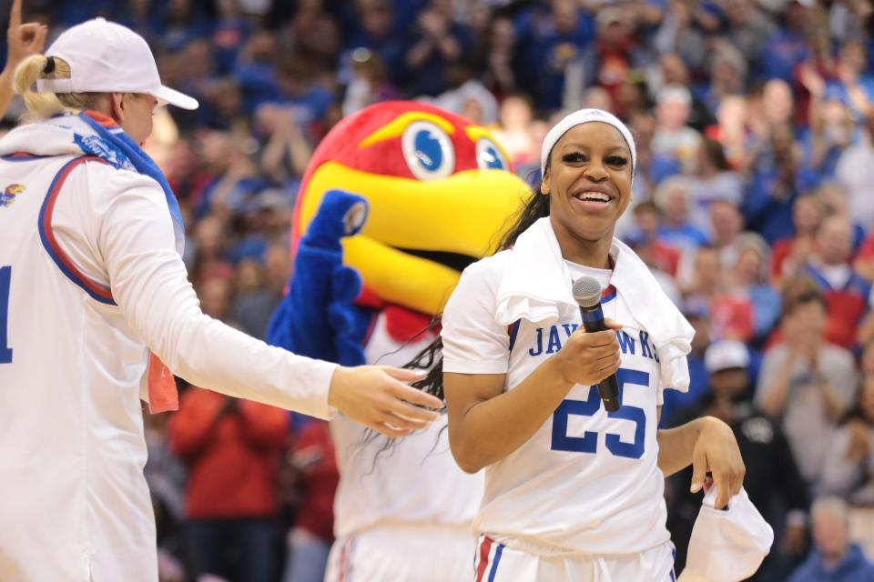 Kansas junior guard Chandler Prater thanks the crowd during the 2023 Postseason WNIT championship celebration April 1 inside Allen Fieldhouse.