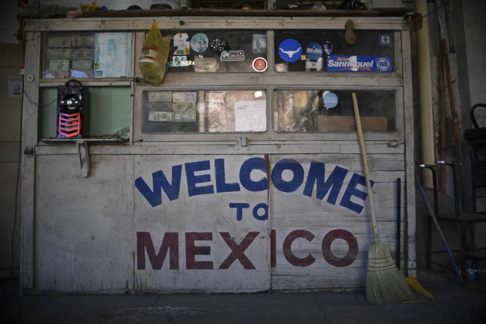 View of the main entrance at a parking lot near the international bridge on the border in Nuevo Laredo, Tamaulipas state, Mexico