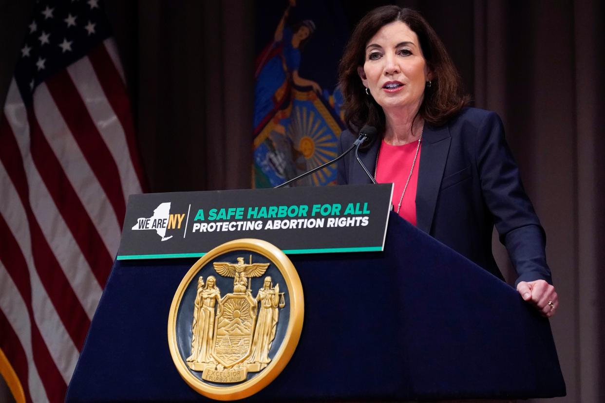 New York Gov. Kathy Hochul speaks during a ceremony to sign a legislative package to protect abortion rights in New York, Monday, June 13, 2022. 