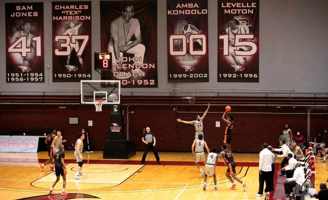 North Carolina Central University plays against Florida A&M in March 2022 at McDougald-Mclendon Arena in Durham, N.C. The NCCU men’s and women’s basketball teams don’t have separate practice facilities, instead they share space and the two baskets — the only two baskets — at the historic arena.