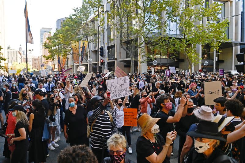 Protesters rally following sexual assault allegations in Australian government in Sydney