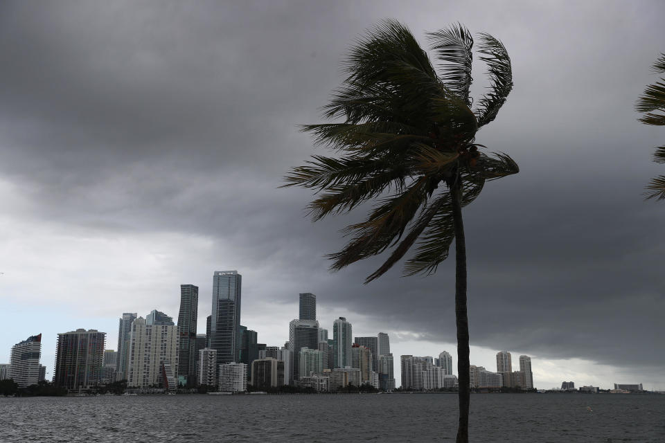 Storm clouds are seen over the city as Hurricane Isaias approaches the east coast of Florida on August 1, 2020 in Miami, Florida. / Credit: Getty Images