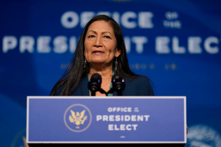 The Biden administration&#39;s nominee for Secretary of Interior, Rep. Deb Haaland, speaks at The Queen Theater in Wilmington, Del.