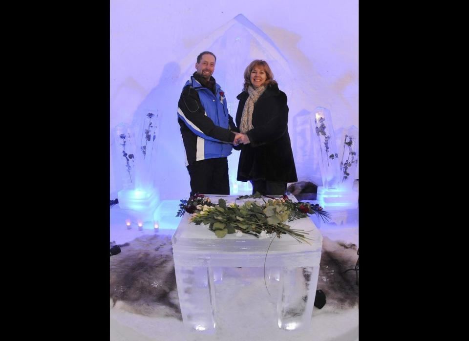 Icy Reception: German couple Klaus Grunenberg and Anita Bolik got one icy reception at their wedding -- and they loved every second of it. The couple married on Jan. 4, 2009, in a chapel made entirely of ice in the ski resort town of Kitzbuehl, Austria. Grunenberg built the chapel specifically for the affair over the course of four days and vowed to let other couples use it for their own weddings until it melted that spring. 
