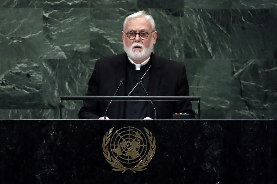 FILE - In this Monday, Oct. 1, 2018 filer, The Holy See Secretary of State Archbishop Paul Richard Gallagher addresses the 73rd session of the United Nations General Assembly, at U.N. headquarters. The Vatican has formally opposed proposed Italian legislation that seeks expand anti-discrimination protections to people who are gay and transgender, along with women and people with disabilities, the leading Italian daily Corriere della Sera reported on Tuesday. The Vatican foreign minister, Archbishop Paul Gallagher, sent a letter last week to the Italian ambassador to the Holy See saying that the contents of the proposed law violate Italy’s diplomatic agreement with the Vatican, seeking changes, Corriere reported. (AP Photo/Richard Drew, File)