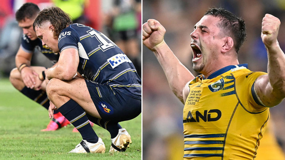 Pictured right, Parramatta's Reed Mahoney celebrates his side's NRL preliminary final win over the Cowboys.