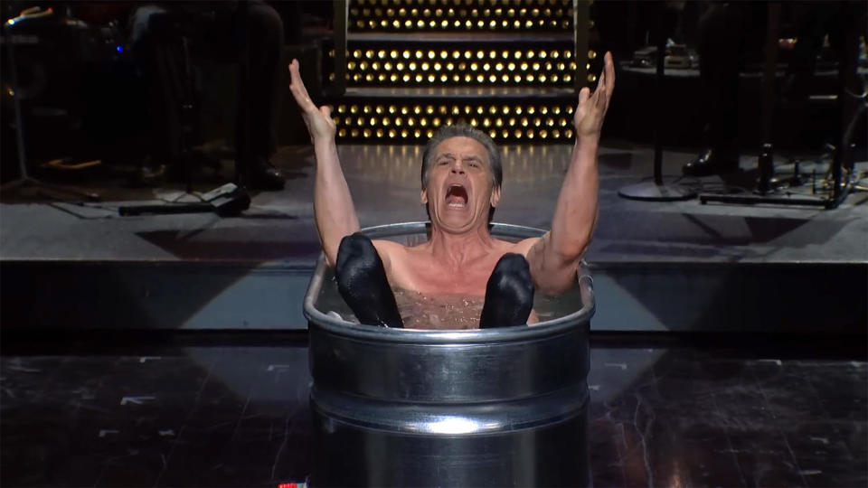 Josh Brolin takes an ice bath.  (Saturday Night Live)